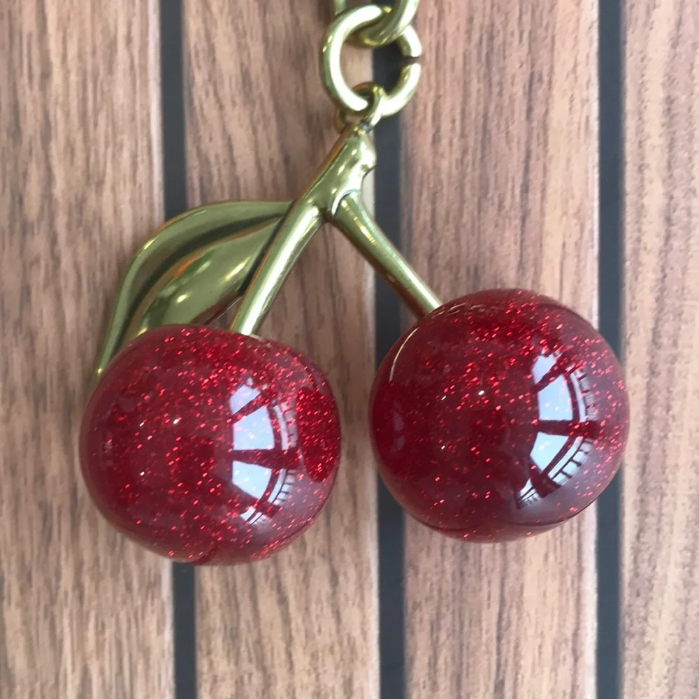 Coach Gold-Tone Cherry Key Ring with Red Glitter Cherries - Picture 2 of 3